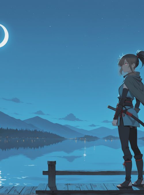 girl, sword, moon, lake, mountain, cape, dock