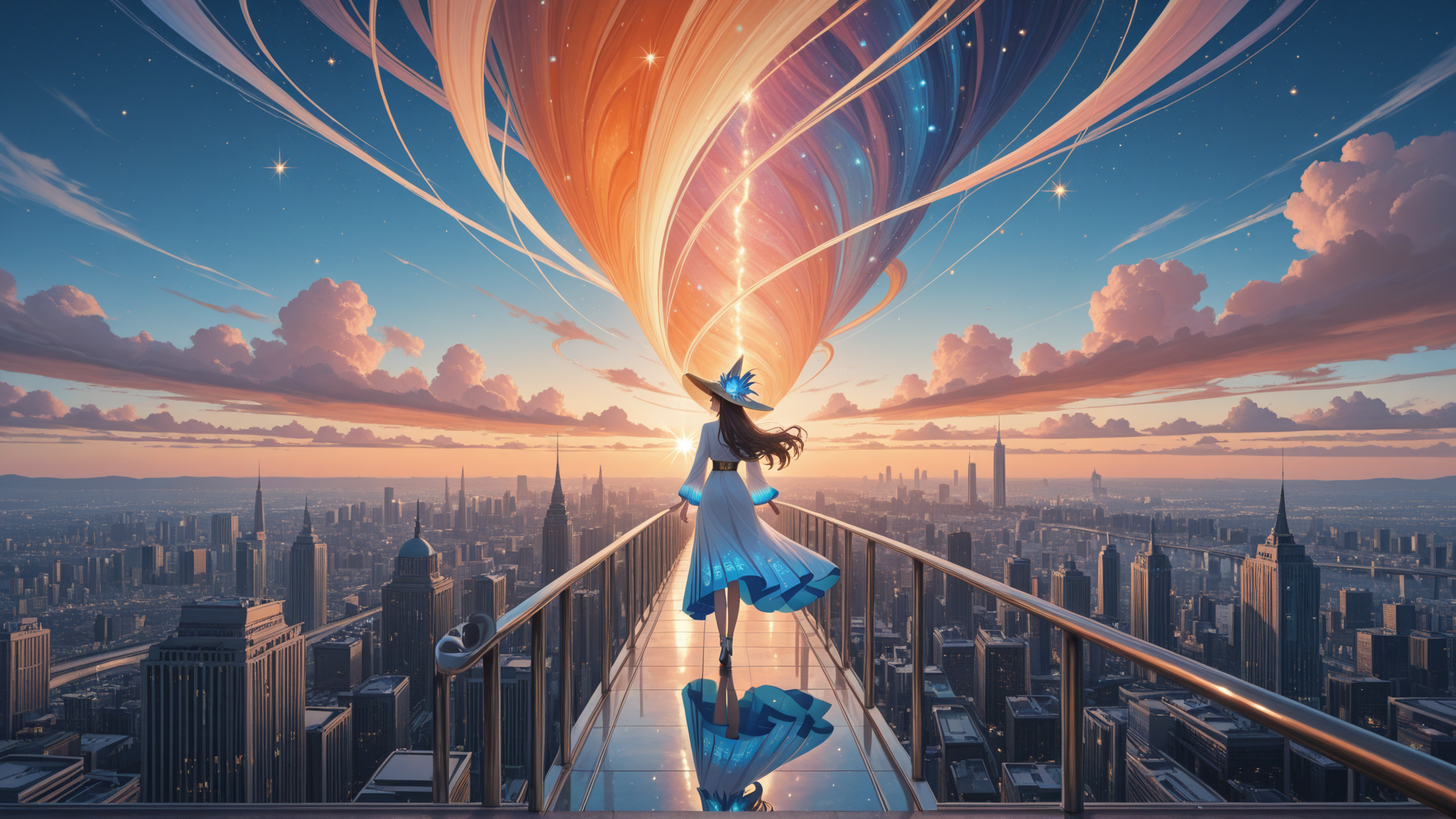 AI generated wallpaper featuring woman, cityscape, sky, dress, hat, clouds, sun