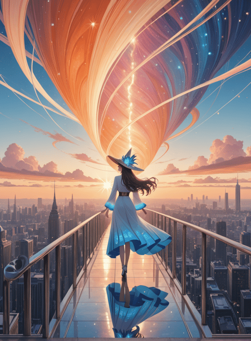 woman, cityscape, sky, dress, hat, clouds, sun