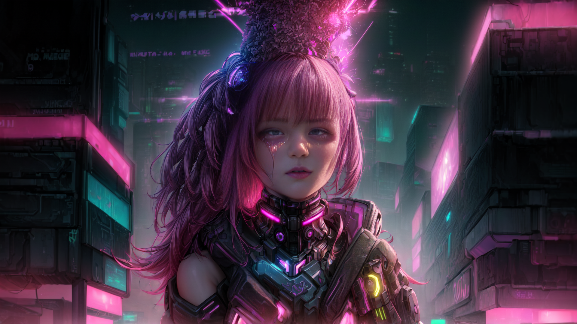 AI generated wallpaper featuring cybernetic girl, neon cityscape