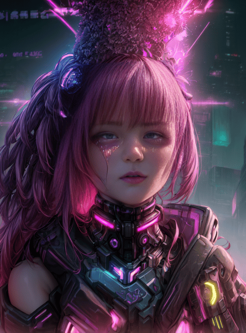 cybernetic girl, neon cityscape