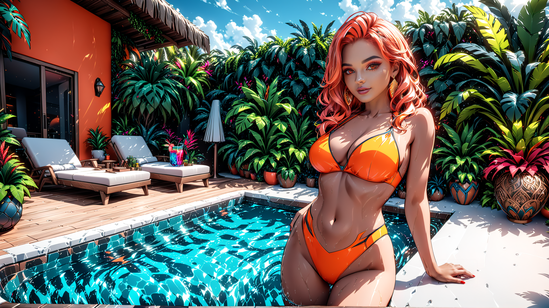 AI generated wallpaper featuring woman, pool, tropical