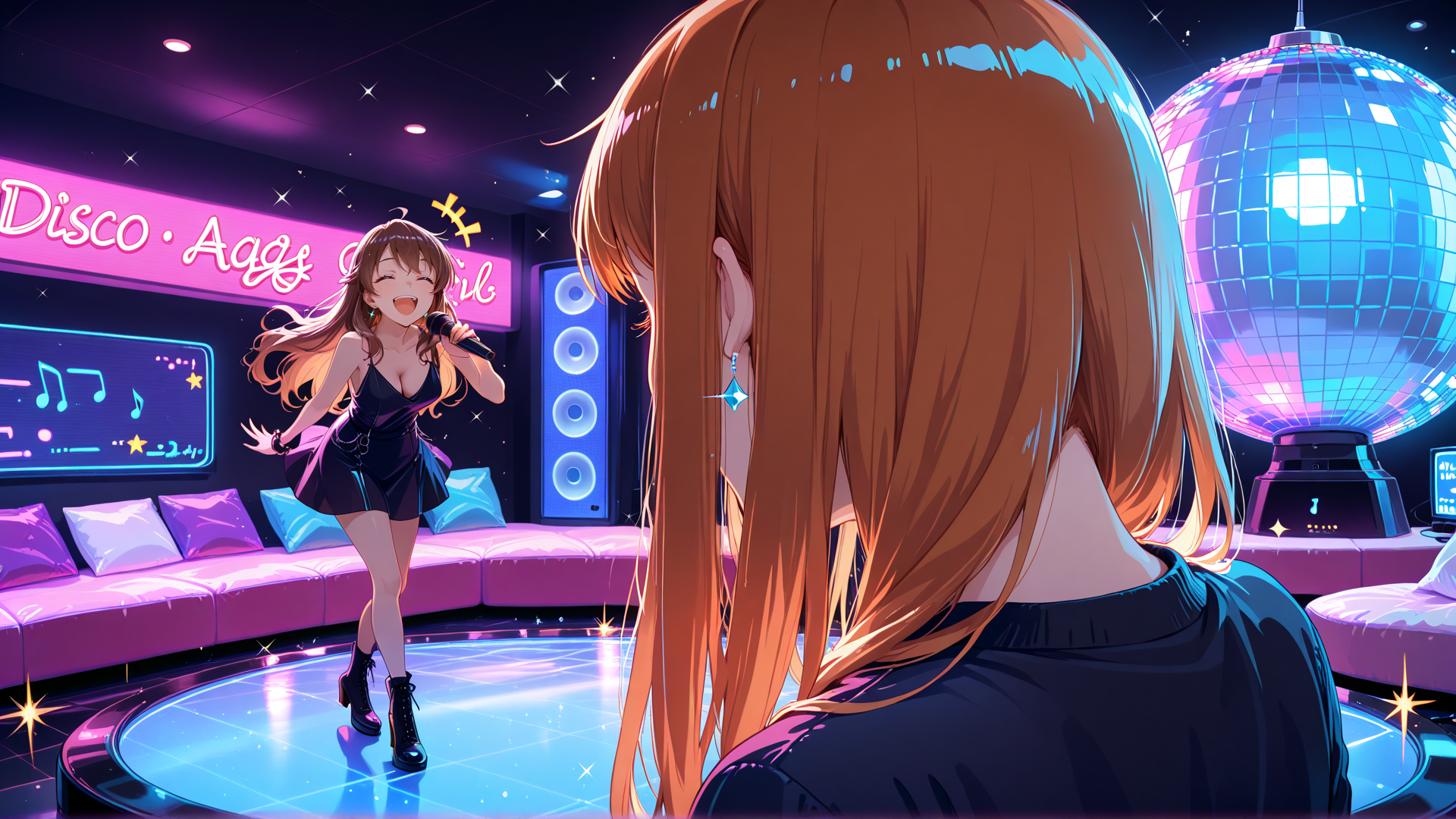 AI generated wallpaper featuring girl, disco, microphone