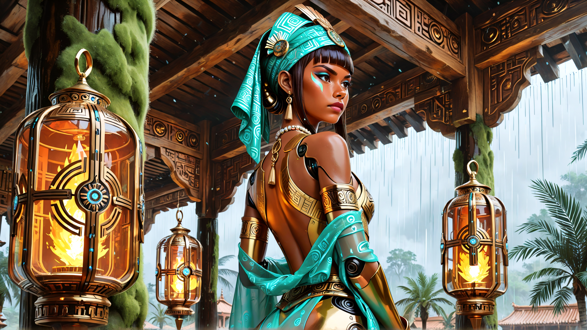 AI generated wallpaper featuring woman, lantern, rain, temple, tattoo, headwrap