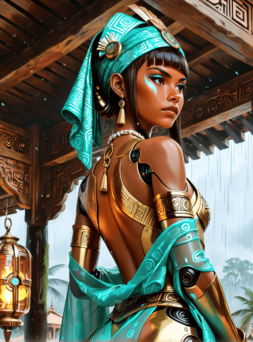 woman, lantern, rain, temple, tattoo, headwrap