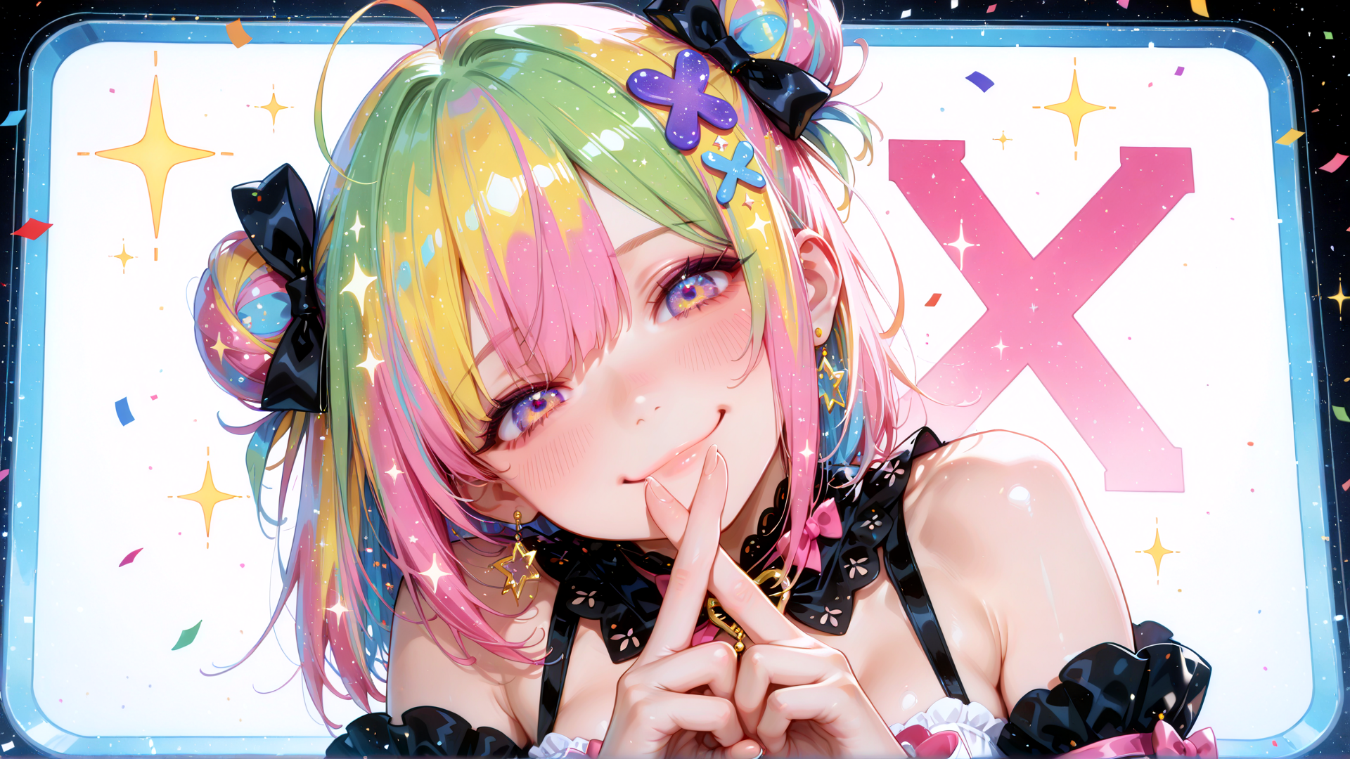 AI generated wallpaper featuring girl, anime, character, celebration, bow, stars, confetti