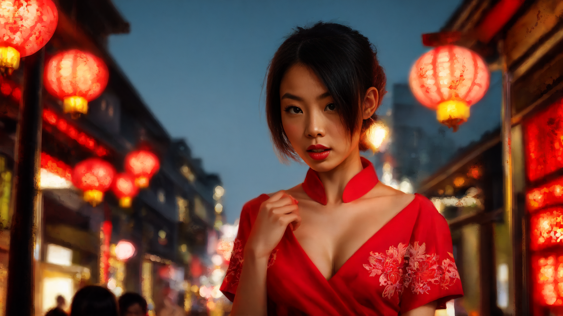 AI generated wallpaper featuring woman, lanterns, street