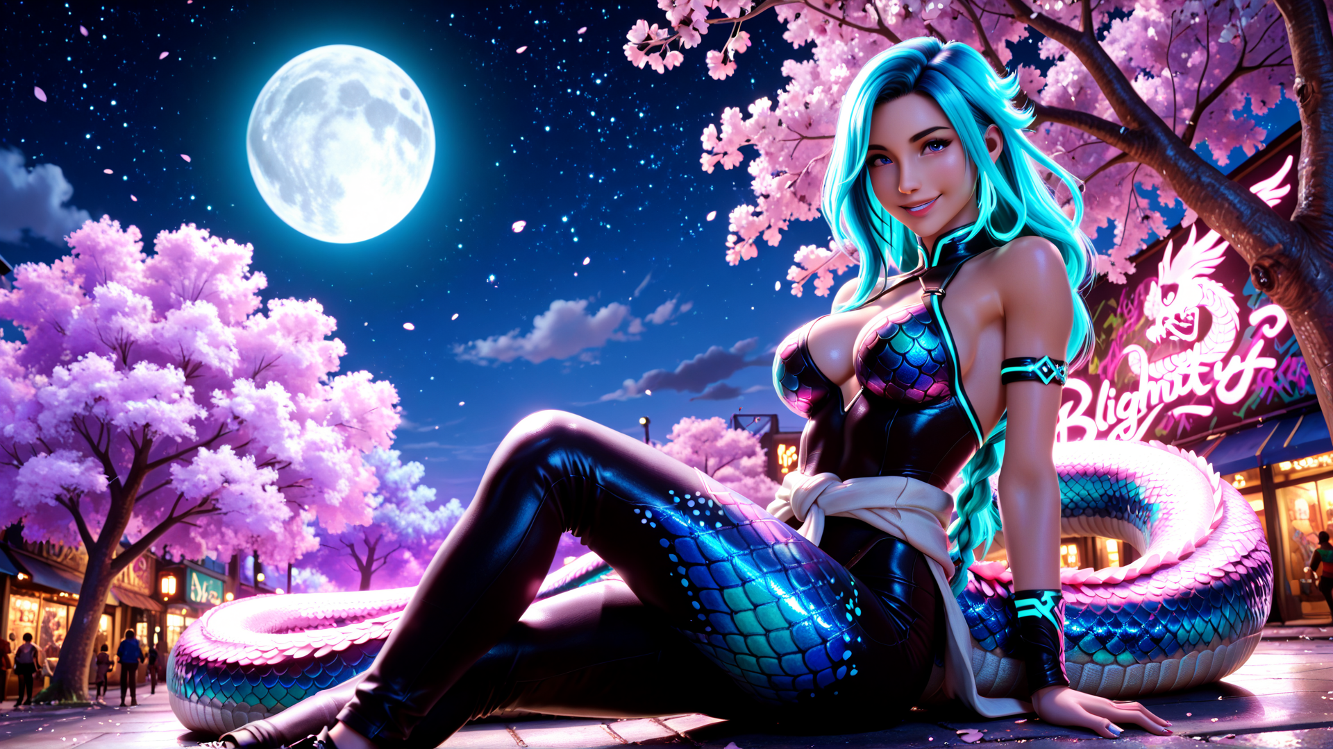 AI generated wallpaper featuring woman, snake, cherry tree, moon, street