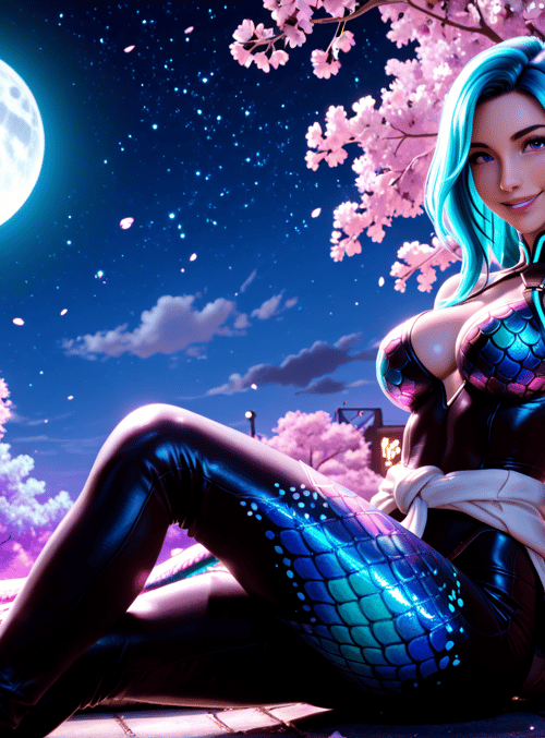woman, snake, cherry tree, moon, street