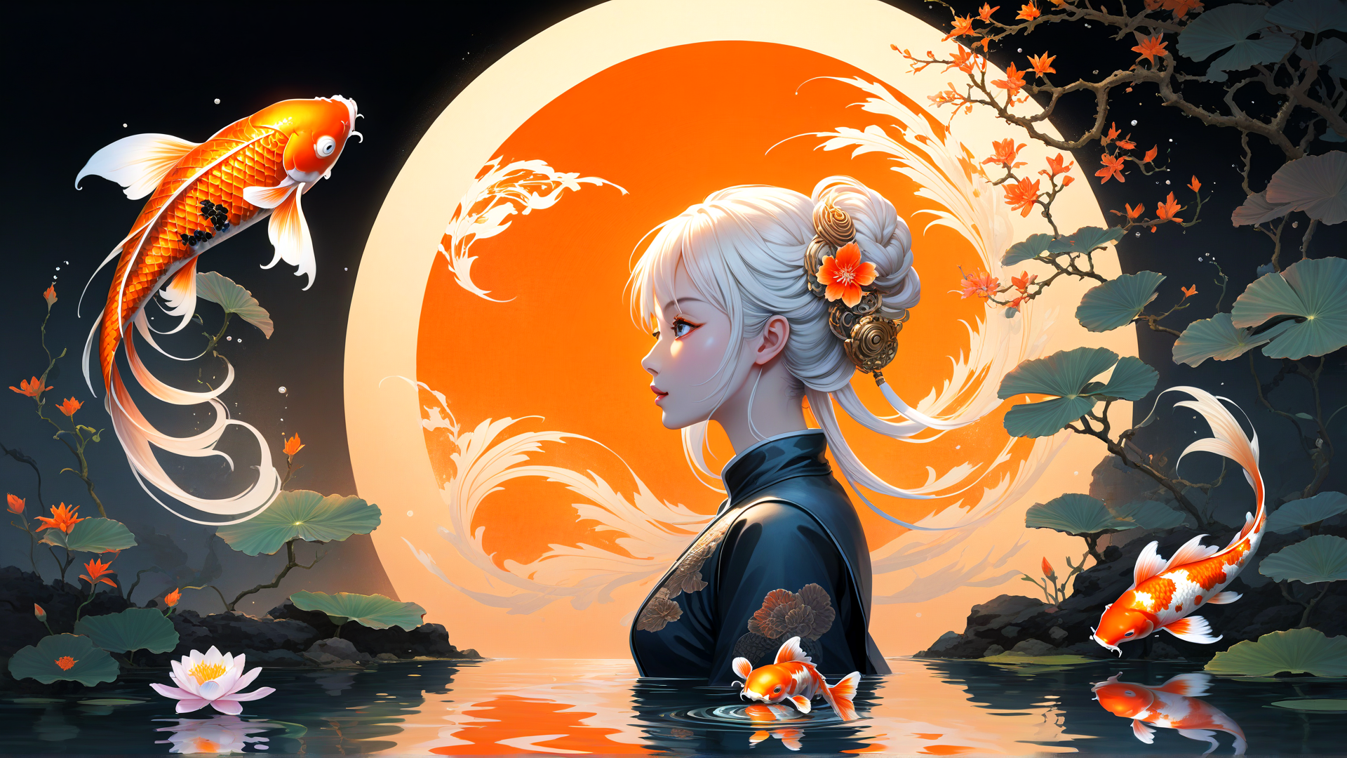 AI generated wallpaper featuring koi fish, woman, lotus, cherry blossom, water, sun, hair ornament