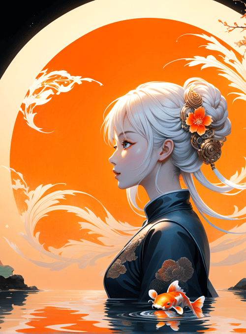 koi fish, woman, lotus, cherry blossom, water, sun, hair ornament