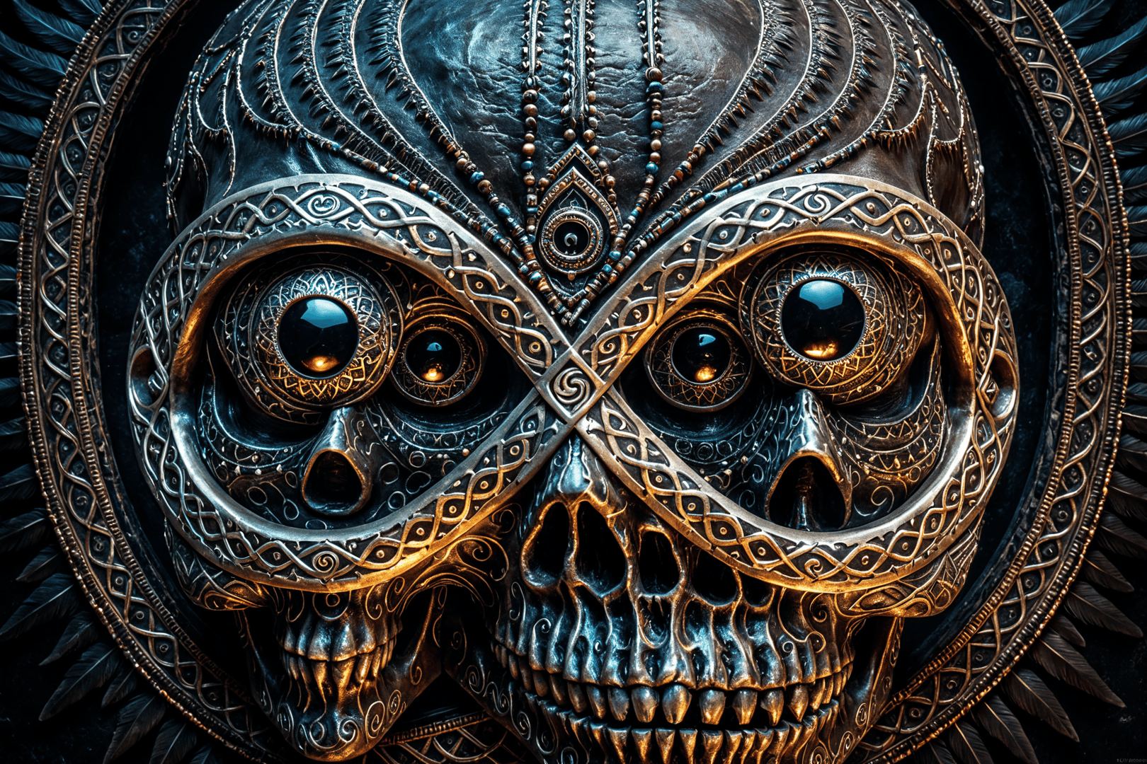 AI generated wallpaper featuring skull, mask, feathers