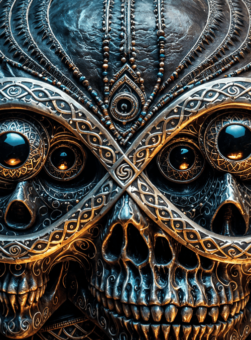skull, mask, feathers