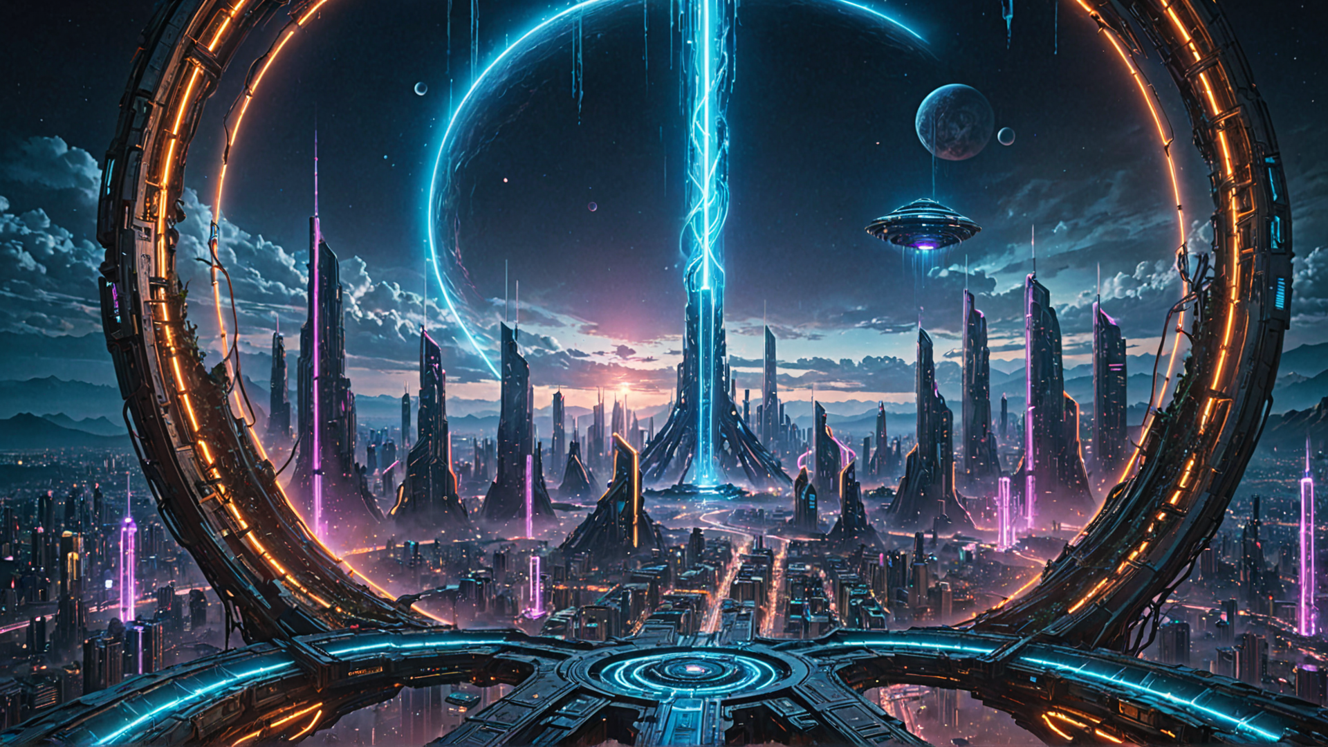 AI generated wallpaper featuring city, portal, spaceship