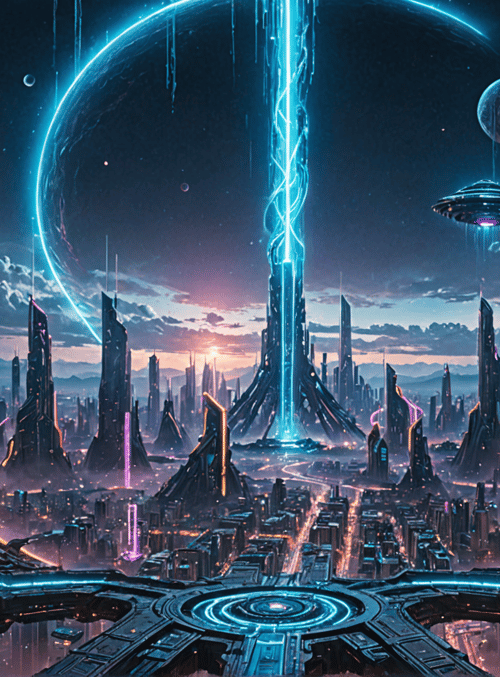 city, portal, spaceship