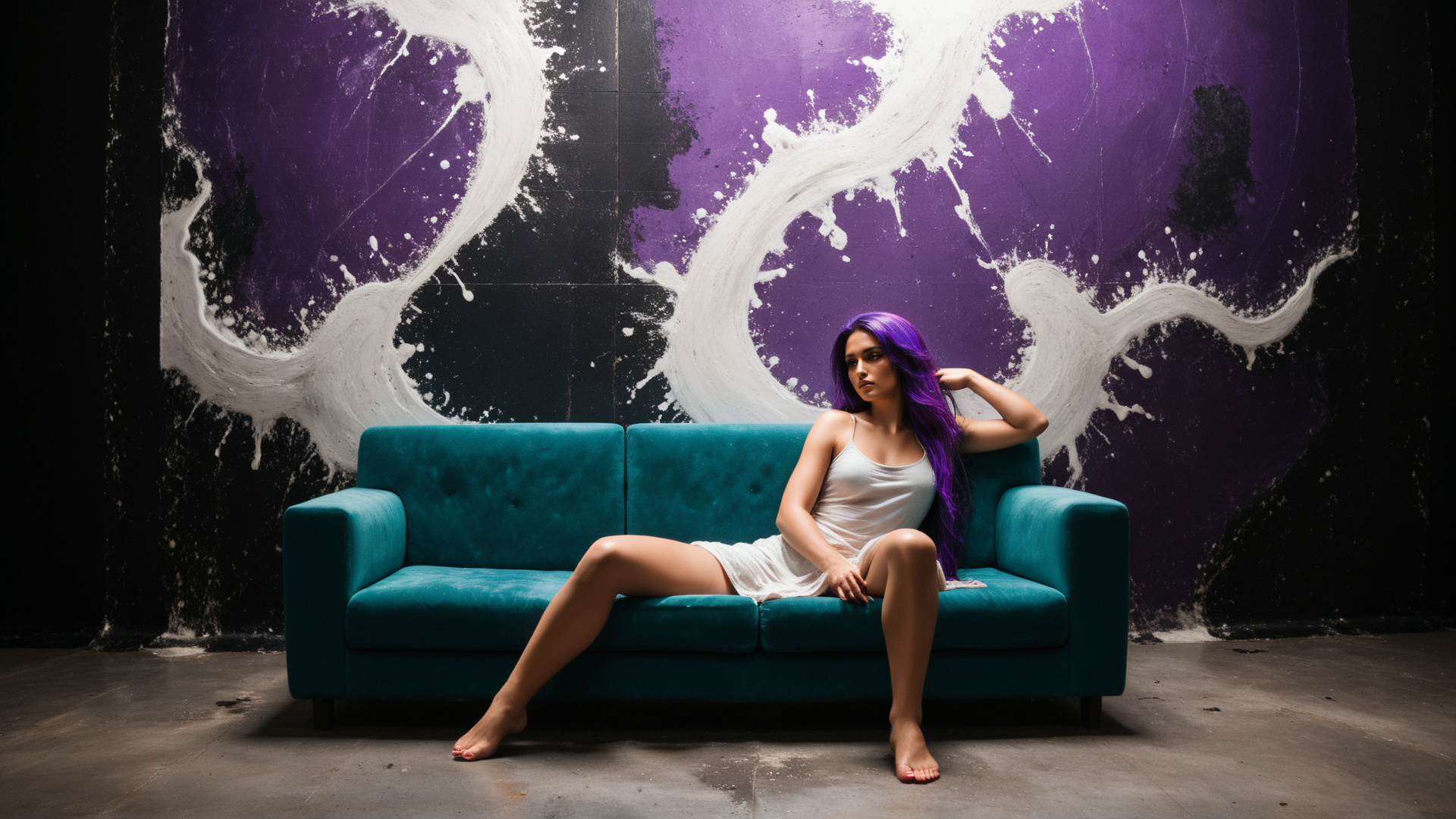 AI generated wallpaper featuring woman, sofa, painting