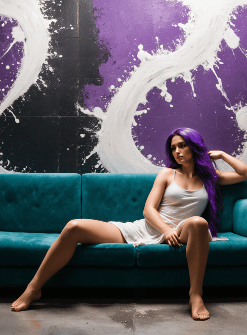woman, sofa, painting