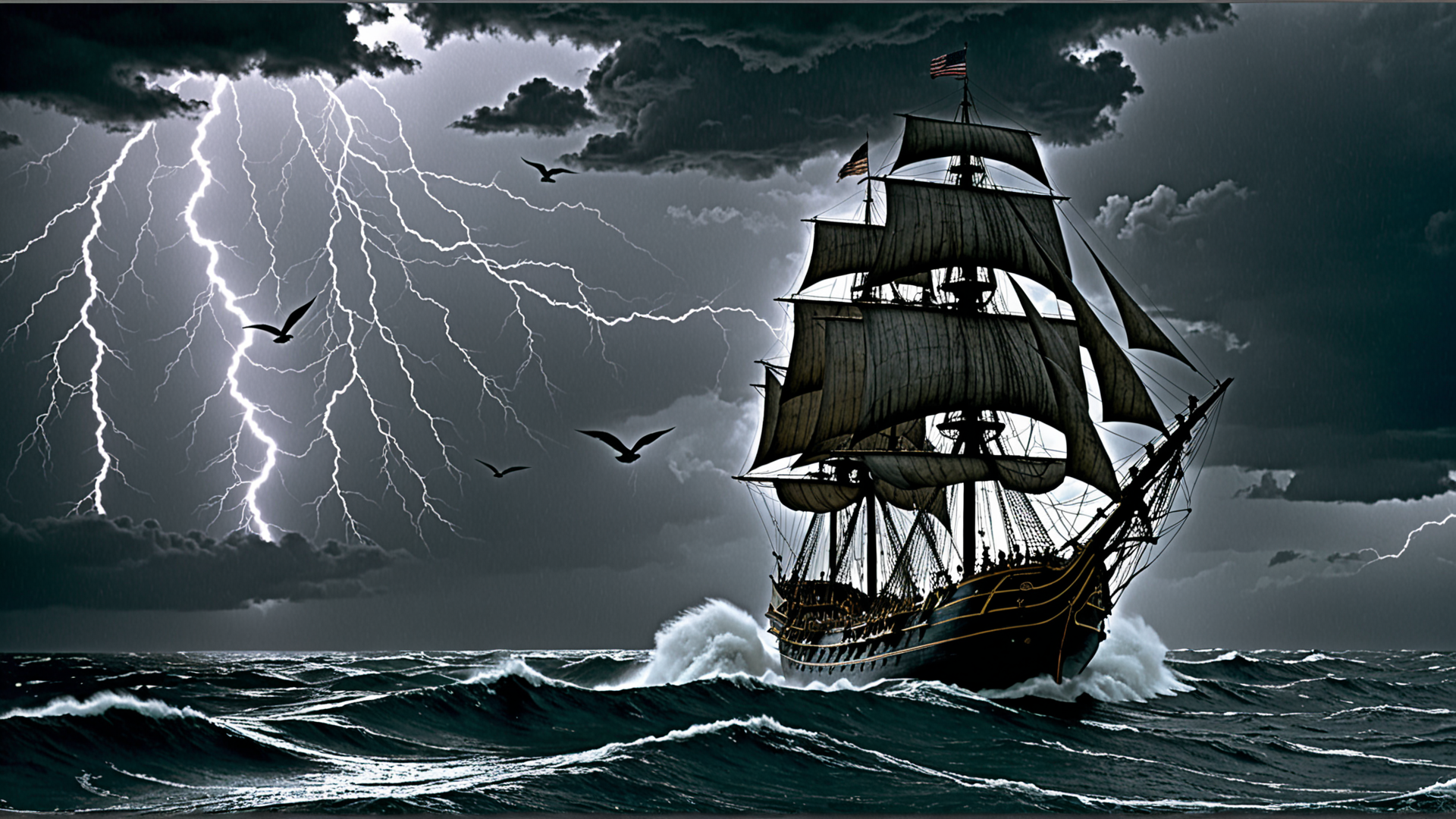 AI generated wallpaper featuring ship, lightning, seagulls