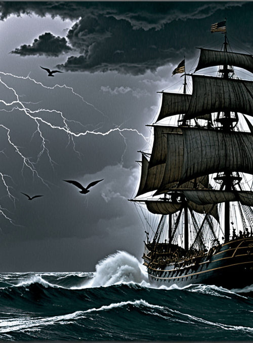 ship, lightning, seagulls