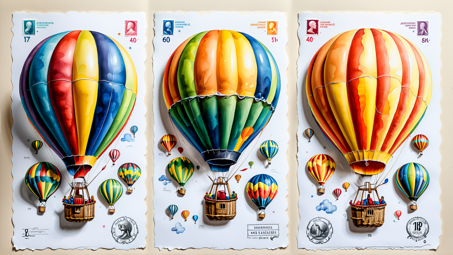 AI generated wallpaper featuring hot air balloon, stamp, illustration