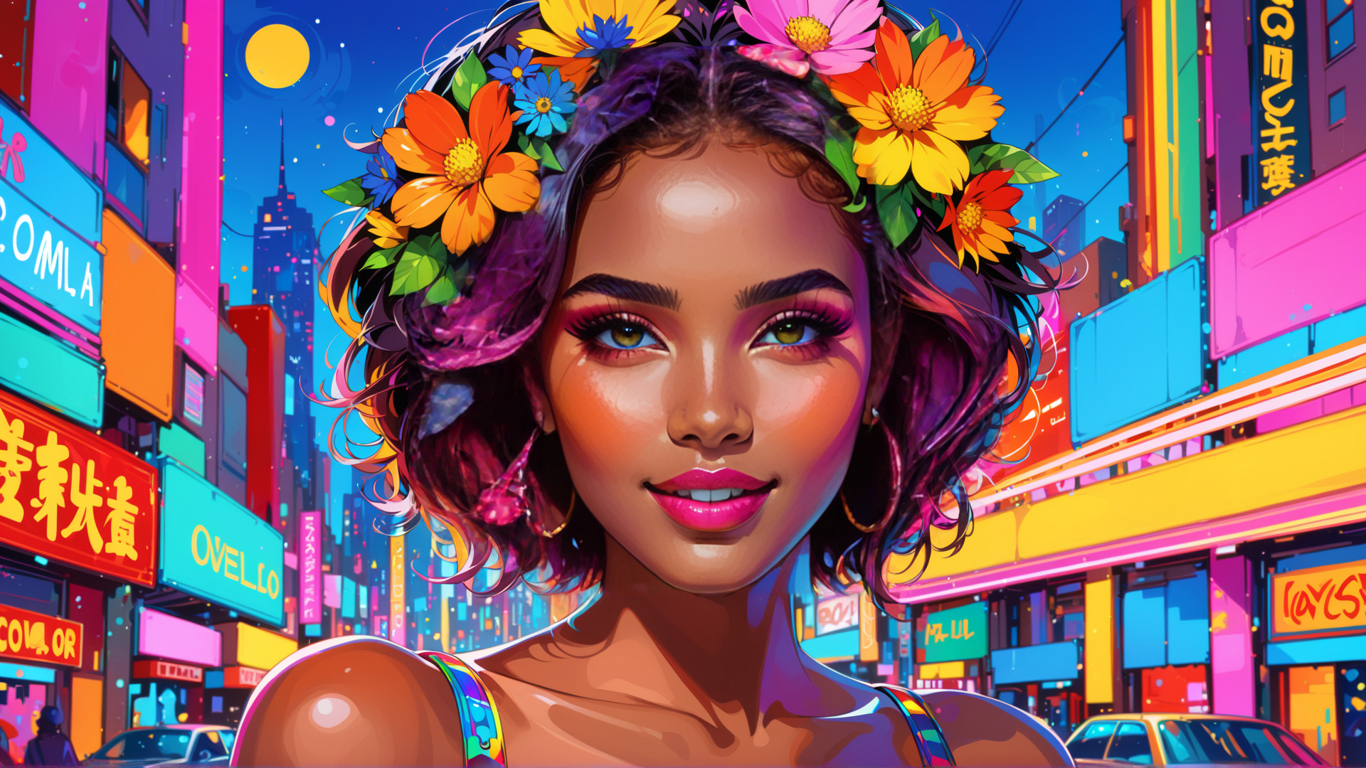 AI generated wallpaper featuring woman, flowers, city