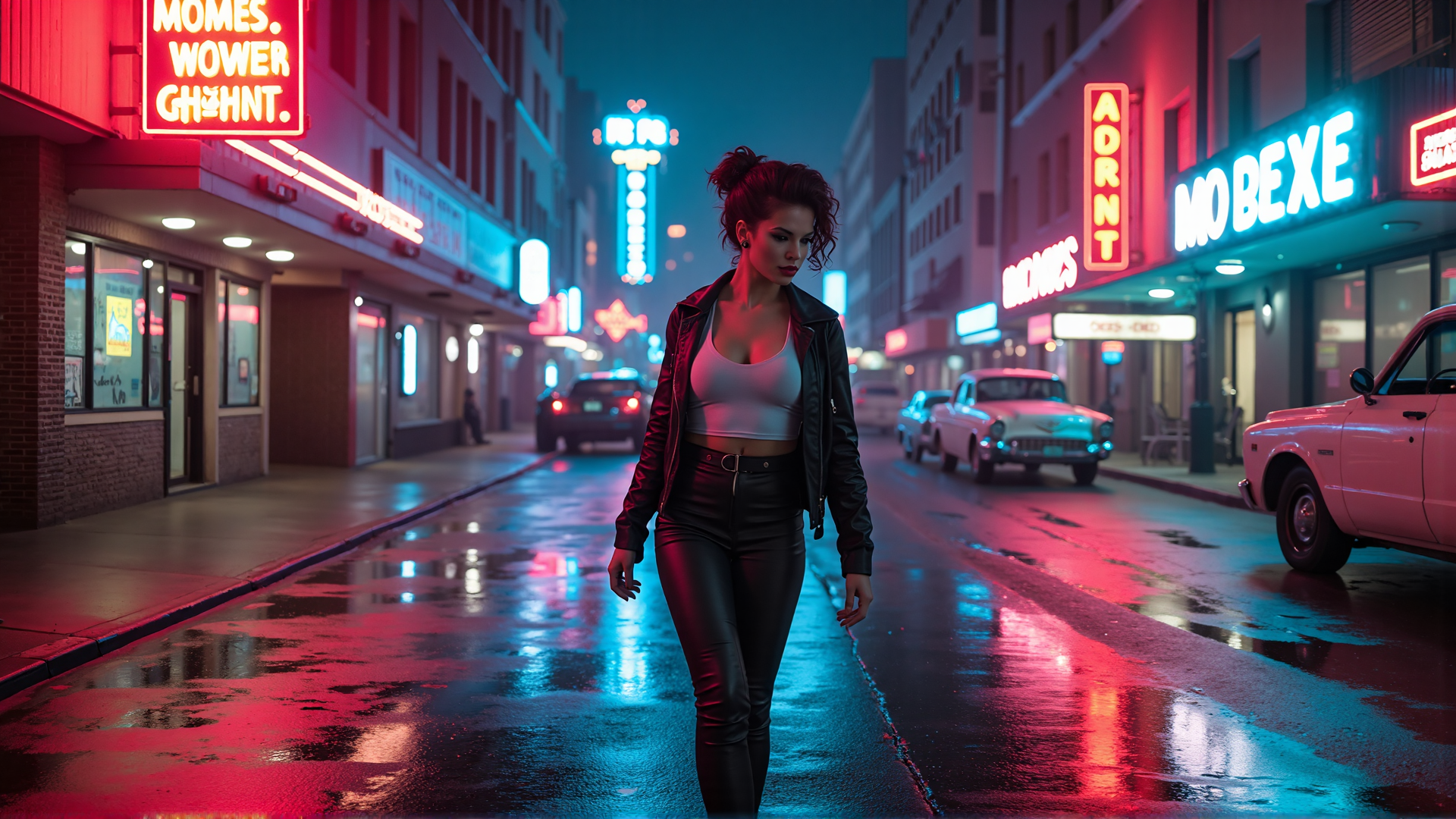 AI generated wallpaper featuring woman, street, neon signs, cars, city
