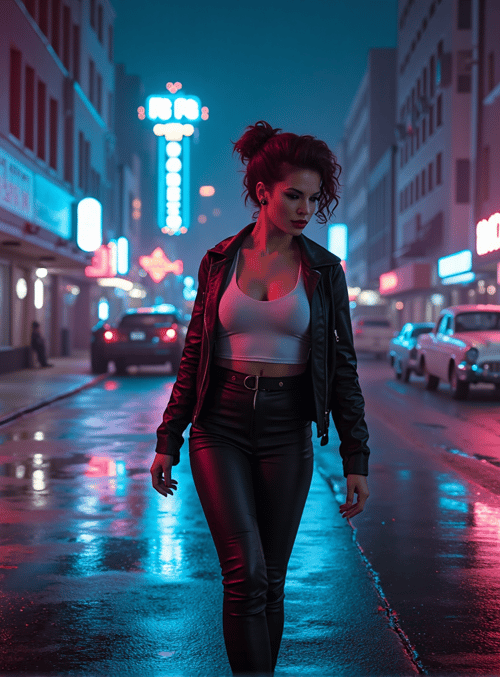 woman, street, neon signs, cars, city