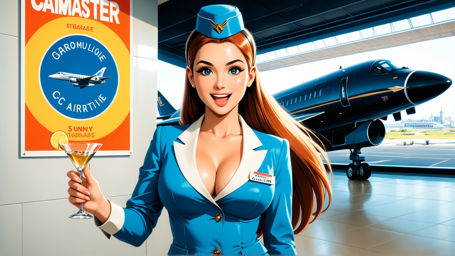 AI generated wallpaper featuring flight attendant, airplane, poster, cocktail glass, airport, uniform, sign, glasses, hat, drink