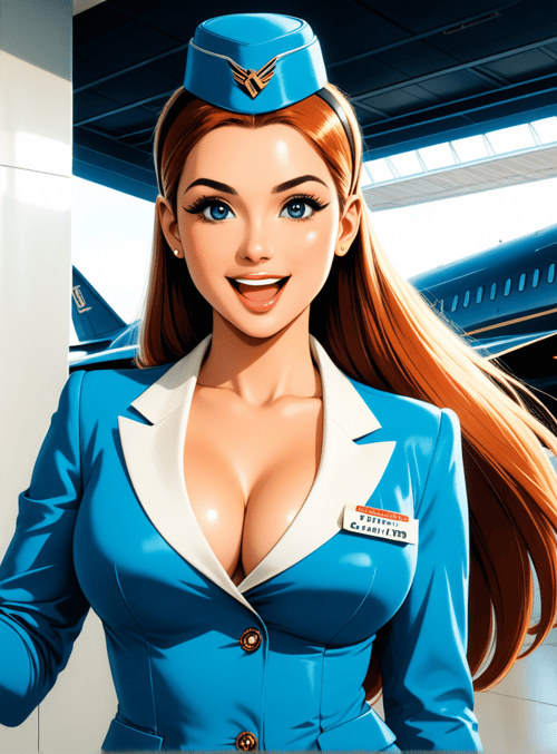 flight attendant, airplane, poster, cocktail glass, airport, uniform, sign, glasses, hat, drink