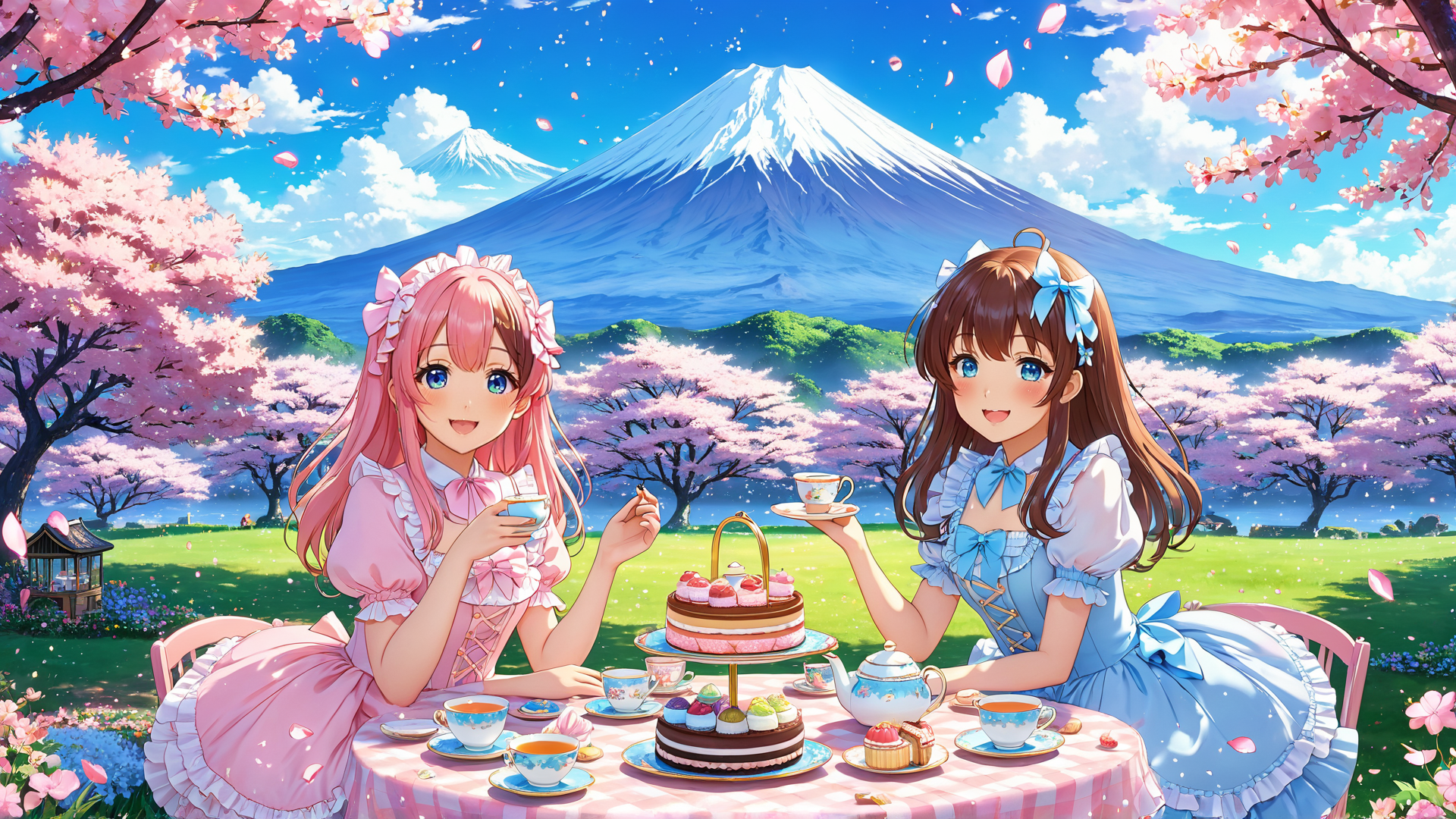 AI generated wallpaper featuring girls, teapot, cherry blossoms