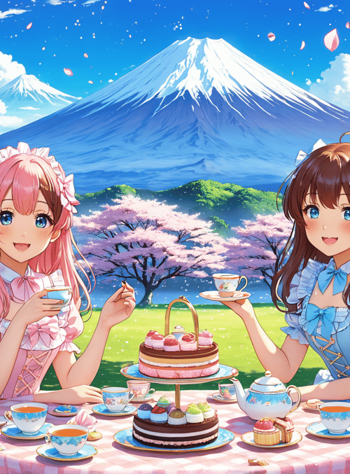 girls, teapot, cherry blossoms