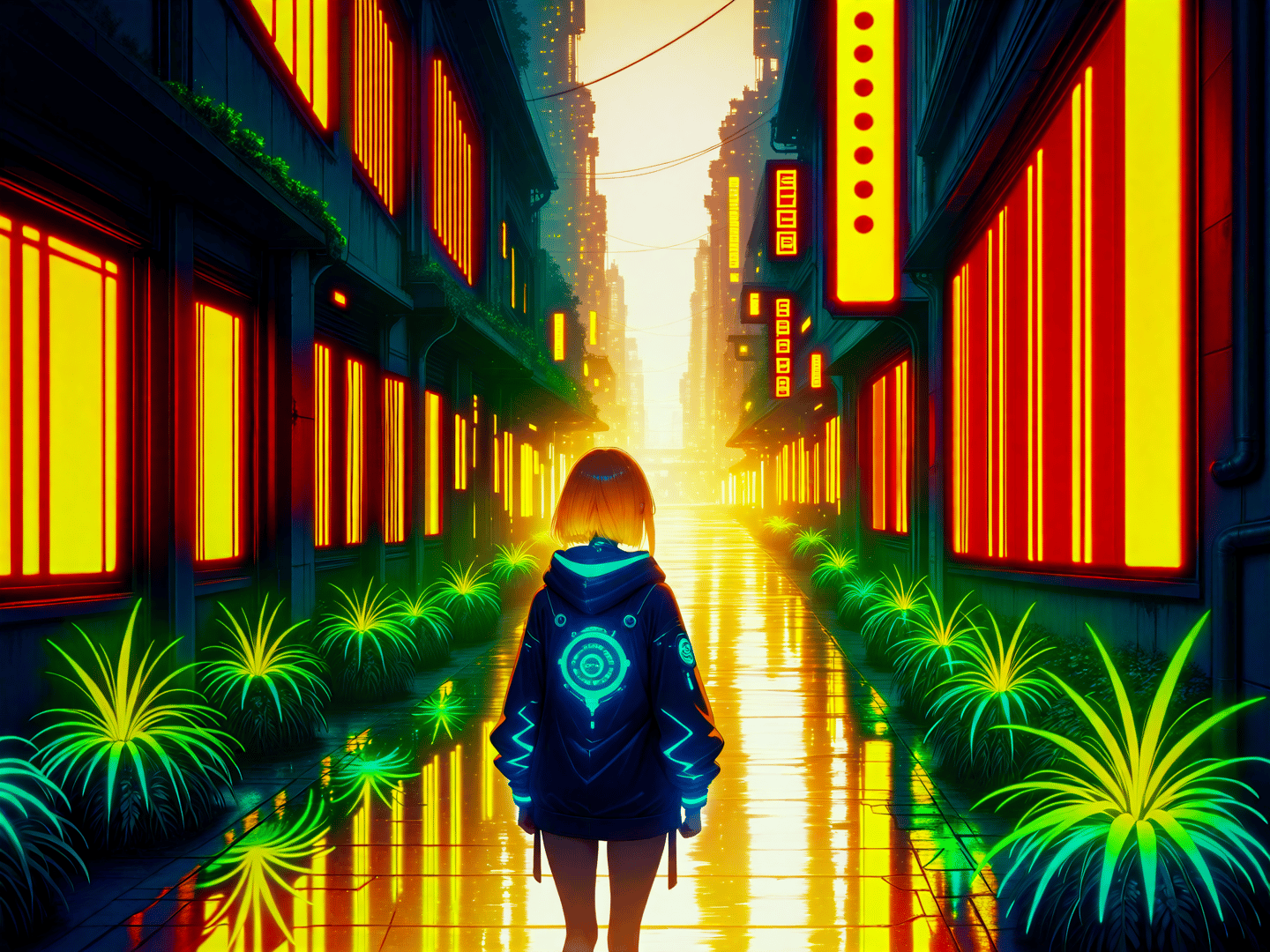 AI generated wallpaper featuring person, street, neon
