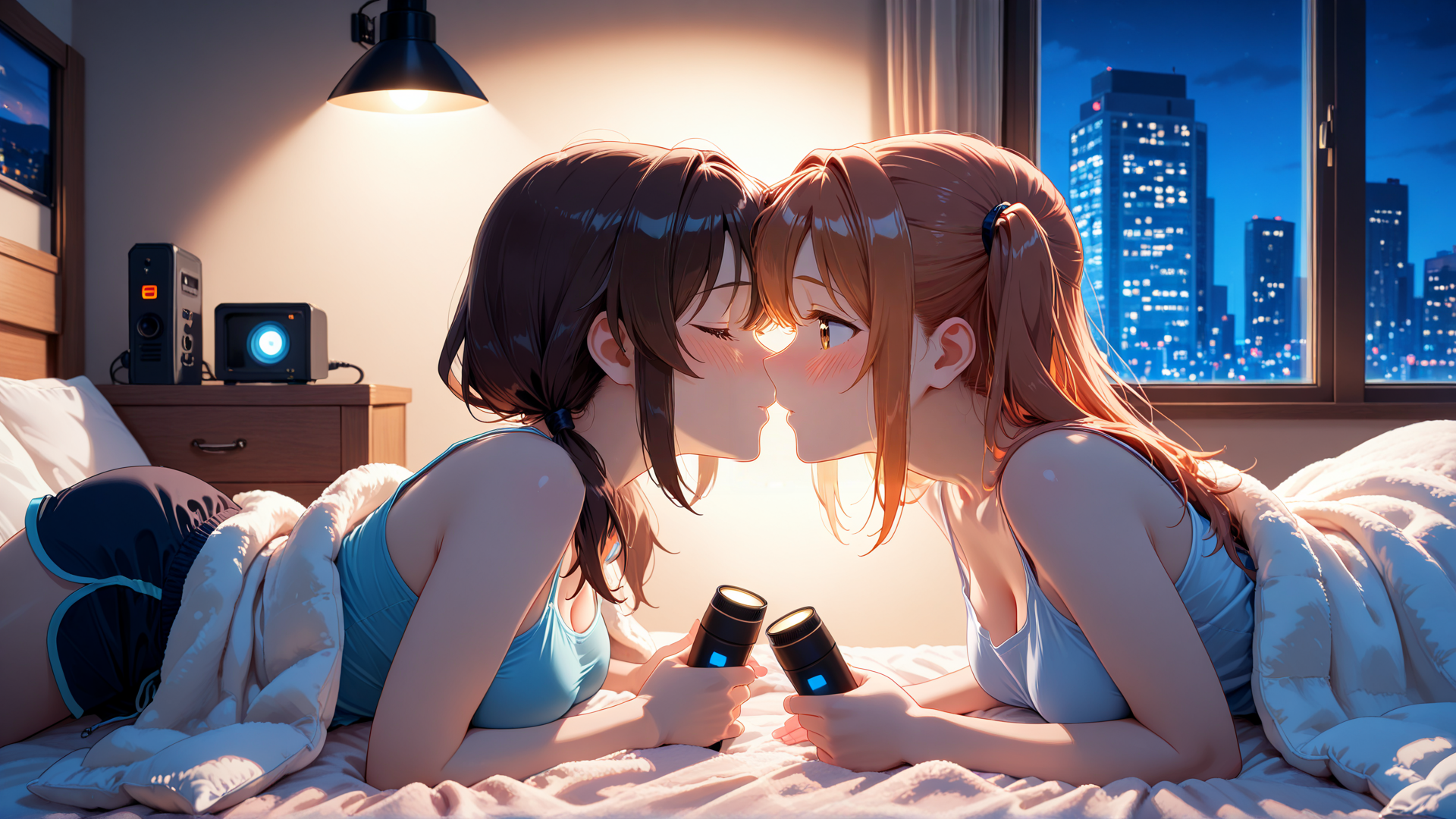 AI generated wallpaper featuring girls, bedroom, cityscape