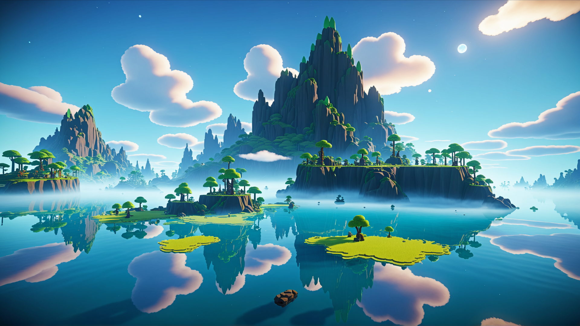 AI generated wallpaper featuring mountains, islands, trees