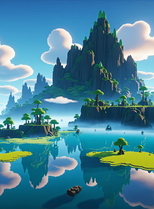 mountains, islands, trees