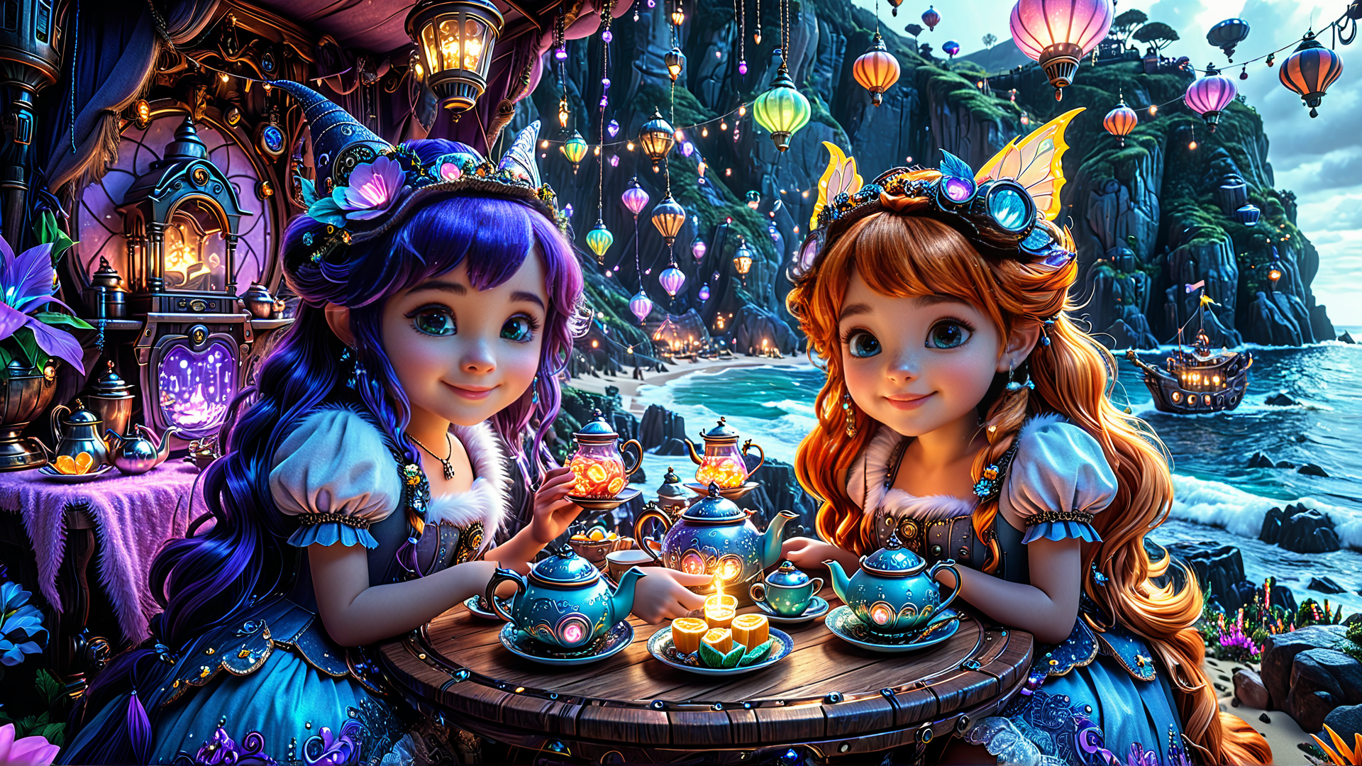 AI generated wallpaper featuring girls, teapot, lanterns
