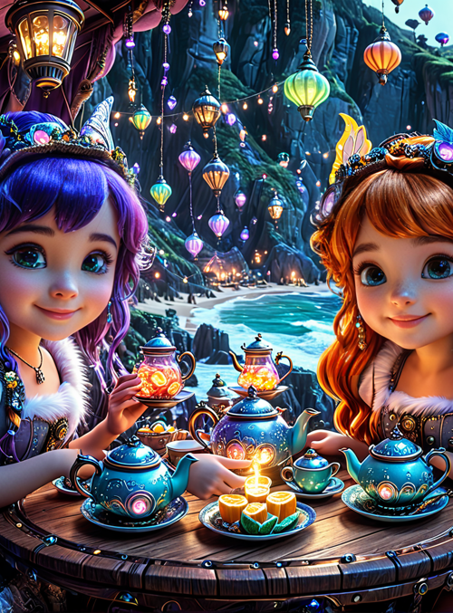 girls, teapot, lanterns