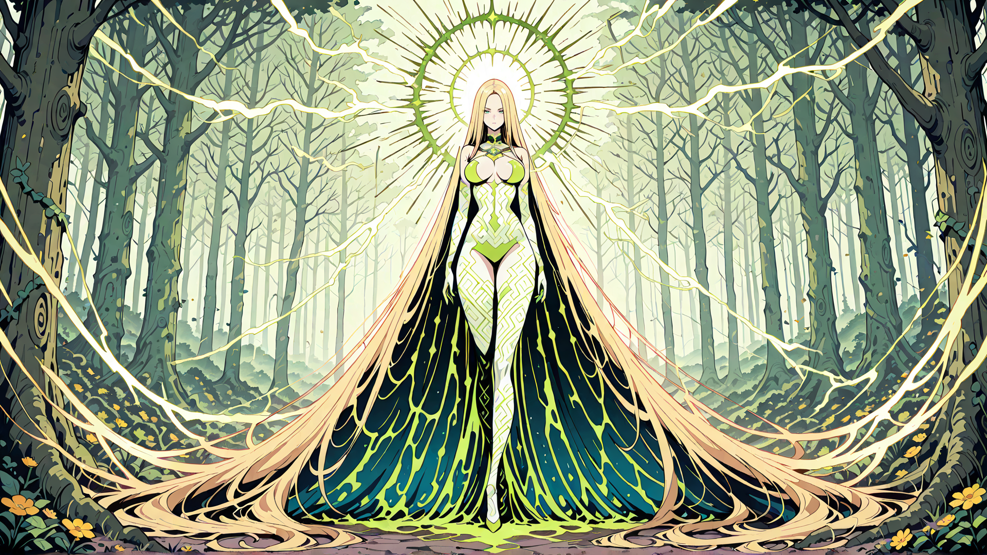 AI generated wallpaper featuring goddess, forest, woman, solar, light, trees, energy, nature, radiance, divine