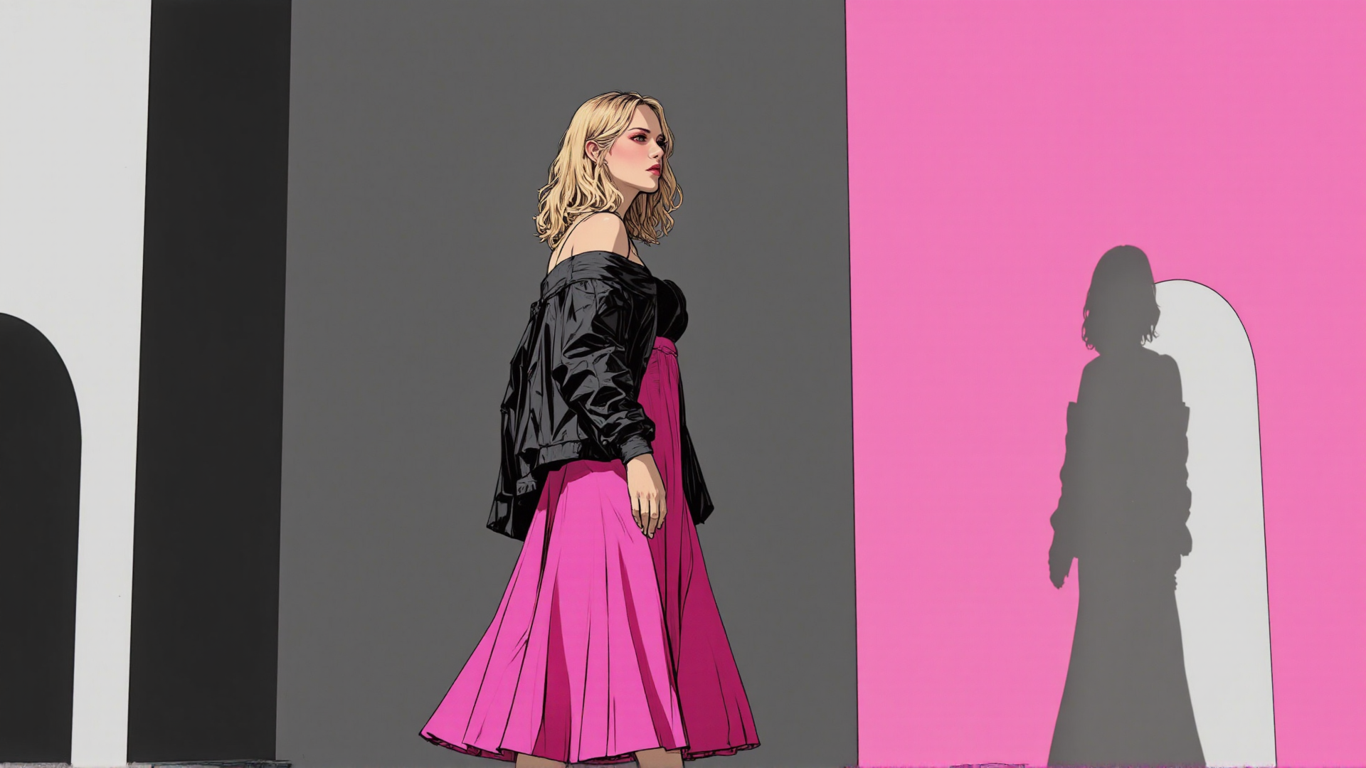 AI generated wallpaper featuring woman, dress, jacket, silhouette, building