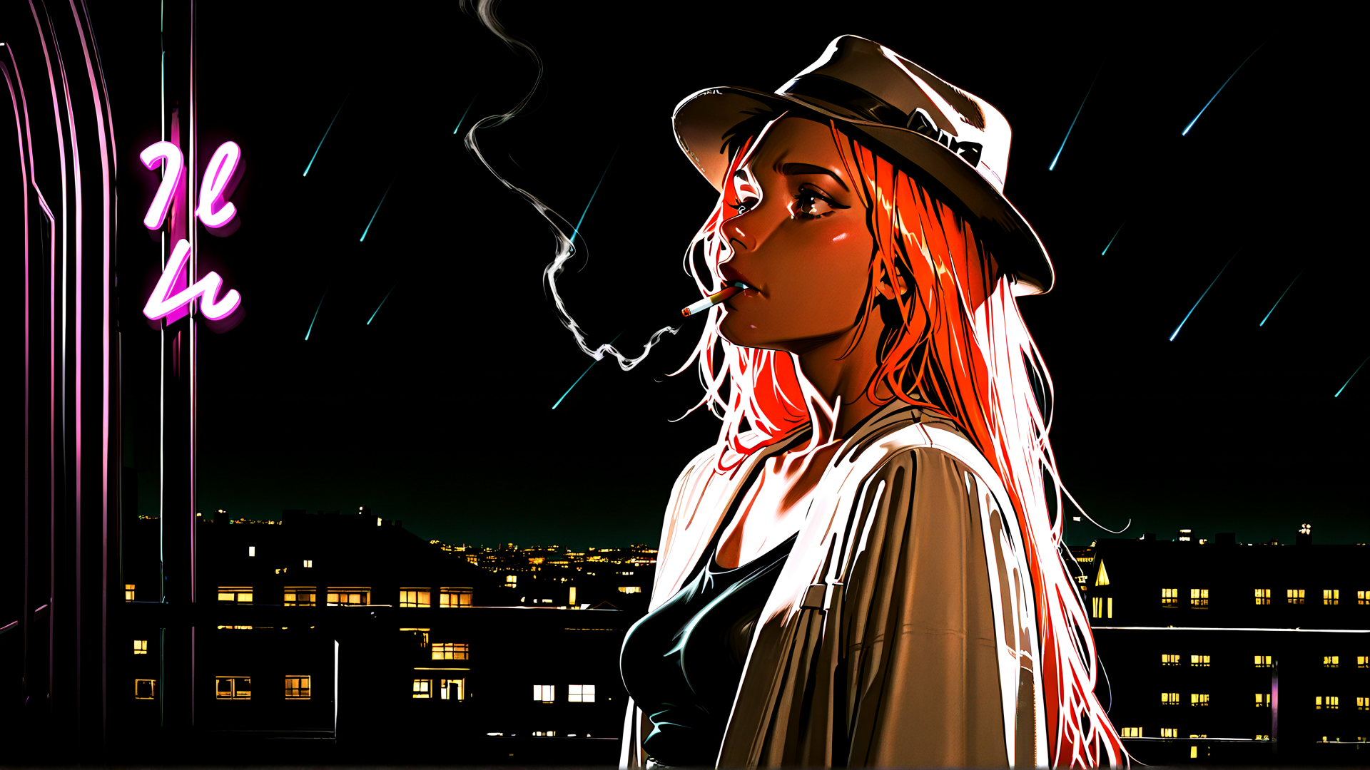 AI generated wallpaper featuring woman, hat, cigarette, neon sign, cityscape