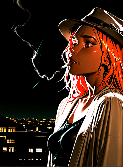 woman, hat, cigarette, neon sign, cityscape