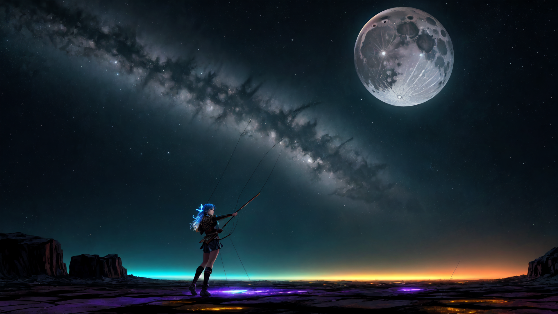 AI generated wallpaper featuring archer, girl, moon, galaxy, rock, stars, spear, sky, desert, lunar