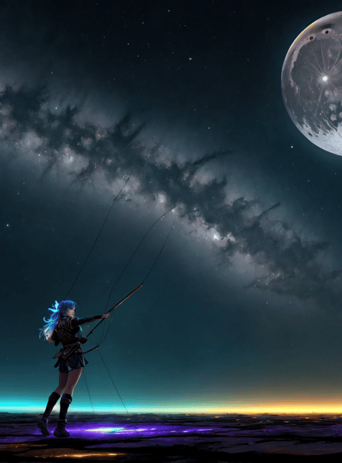 archer, girl, moon, galaxy, rock, stars, spear, sky, desert, lunar