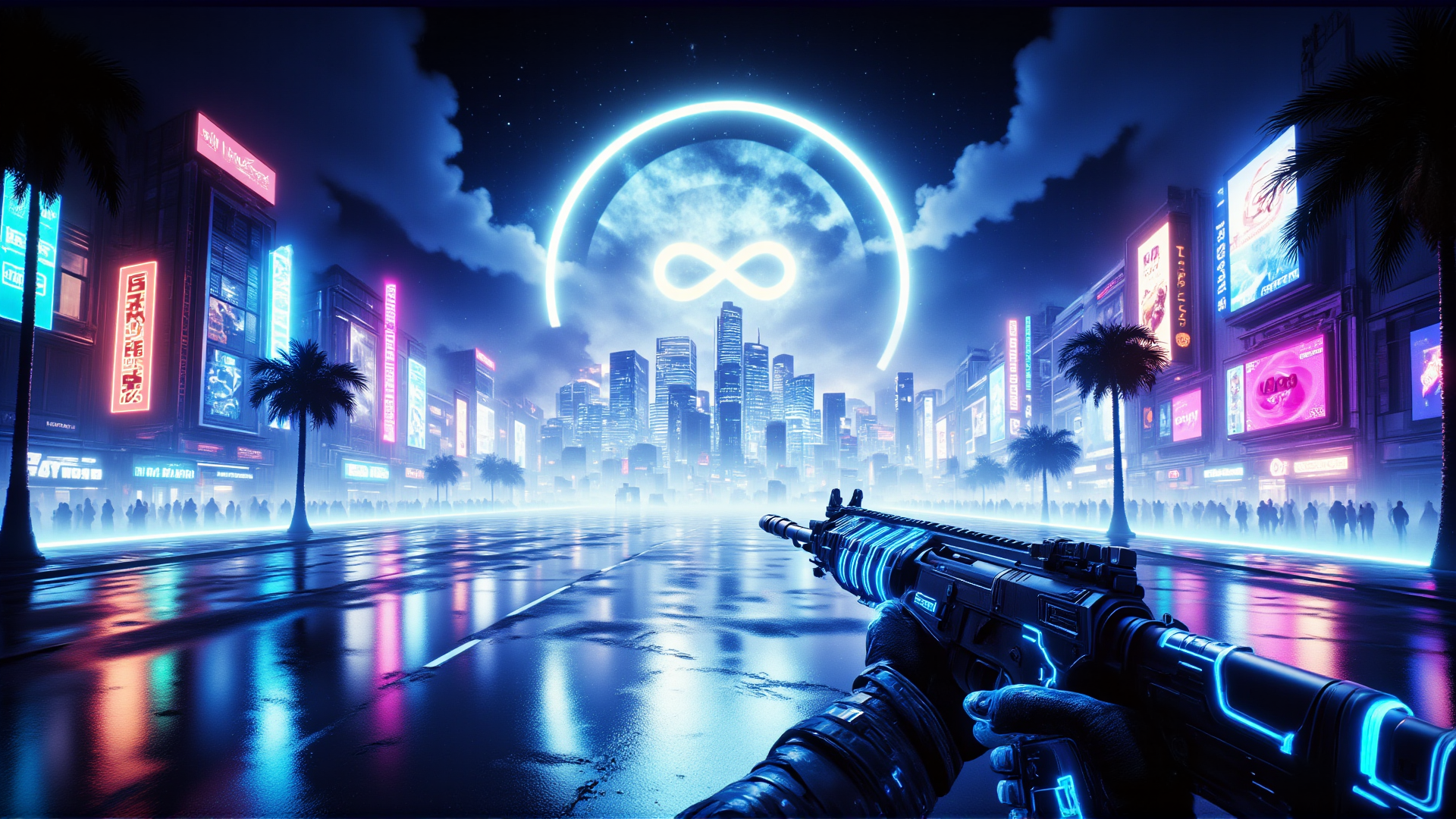 AI generated wallpaper featuring gun, city, neon