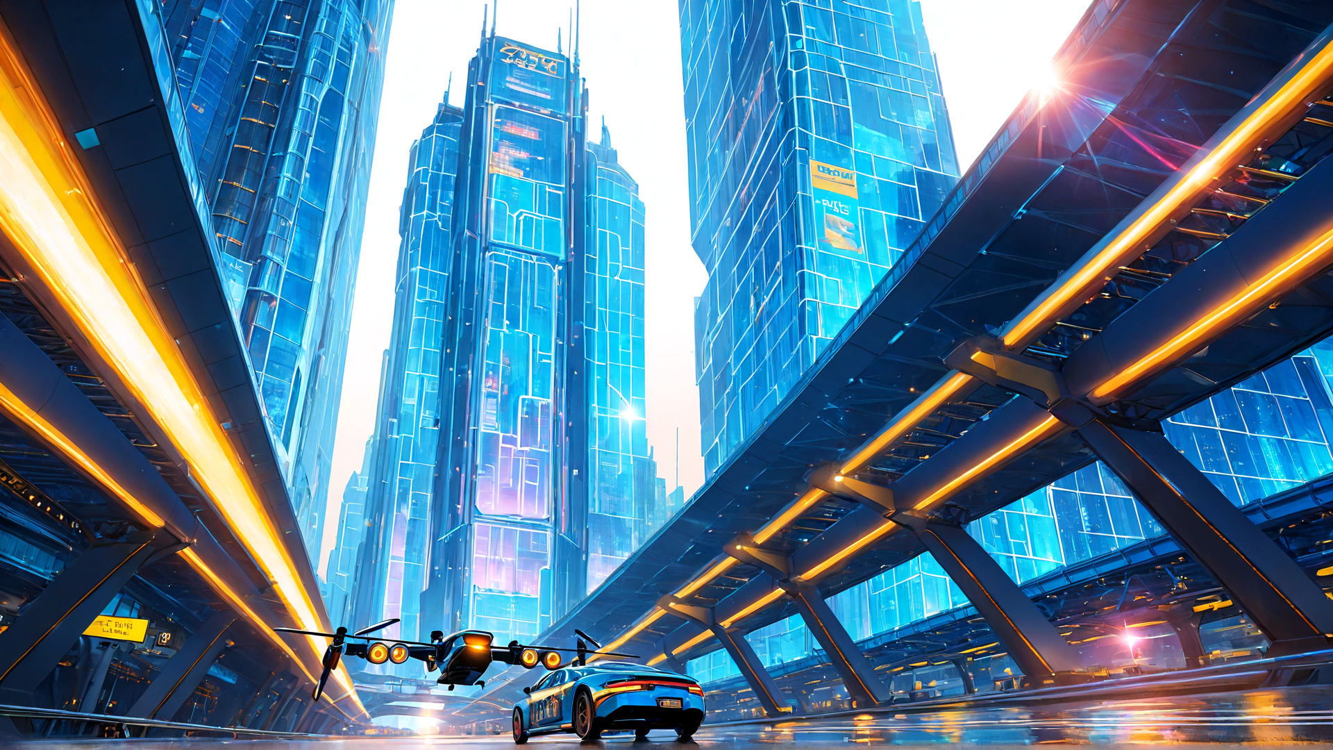 AI generated wallpaper featuring city, car, flying vehicle