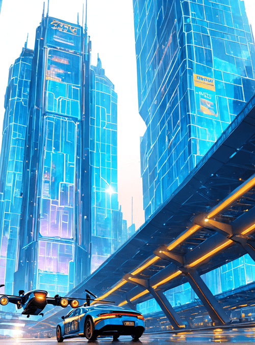 city, car, flying vehicle