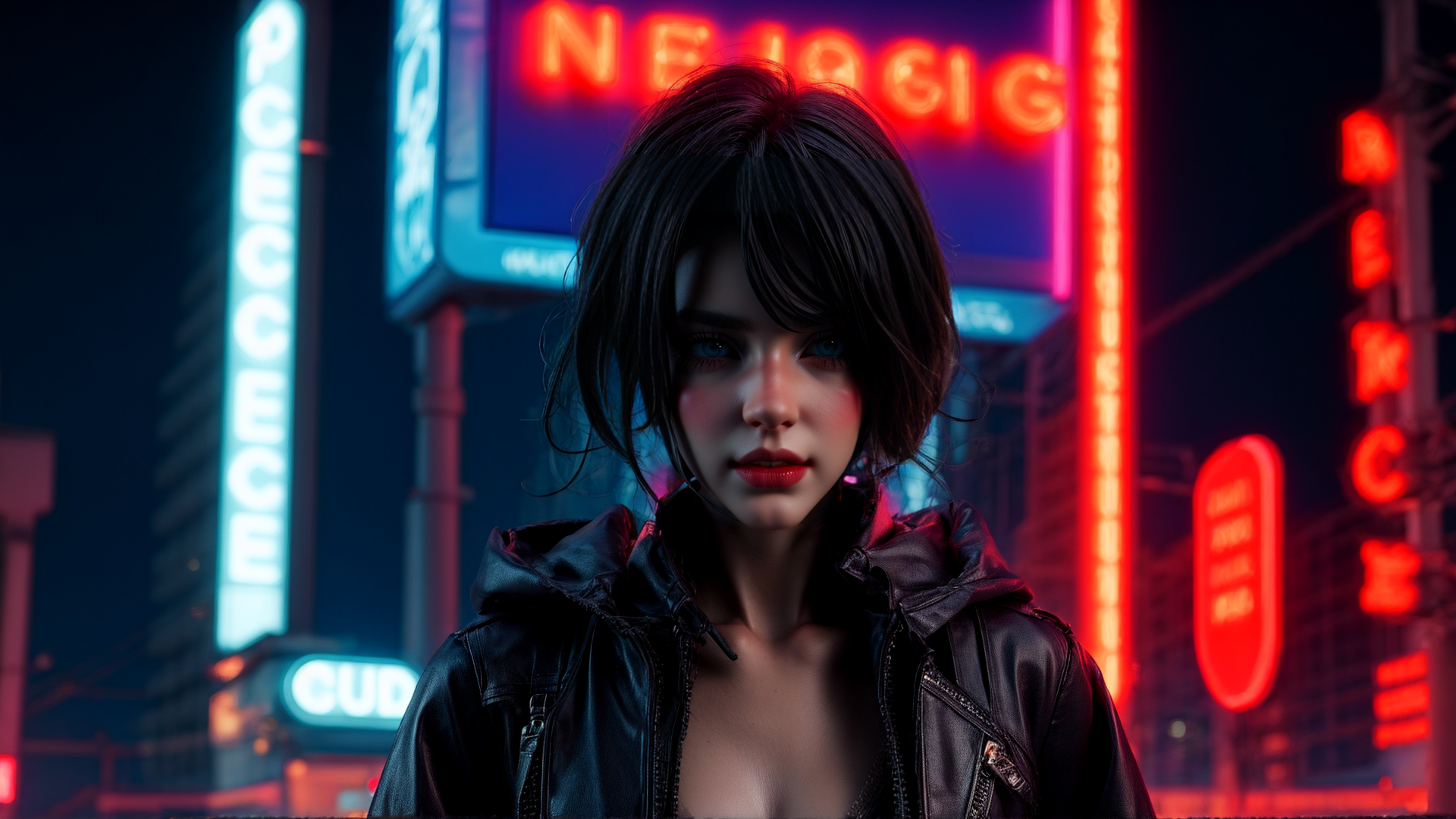AI generated wallpaper featuring woman, neon, city
