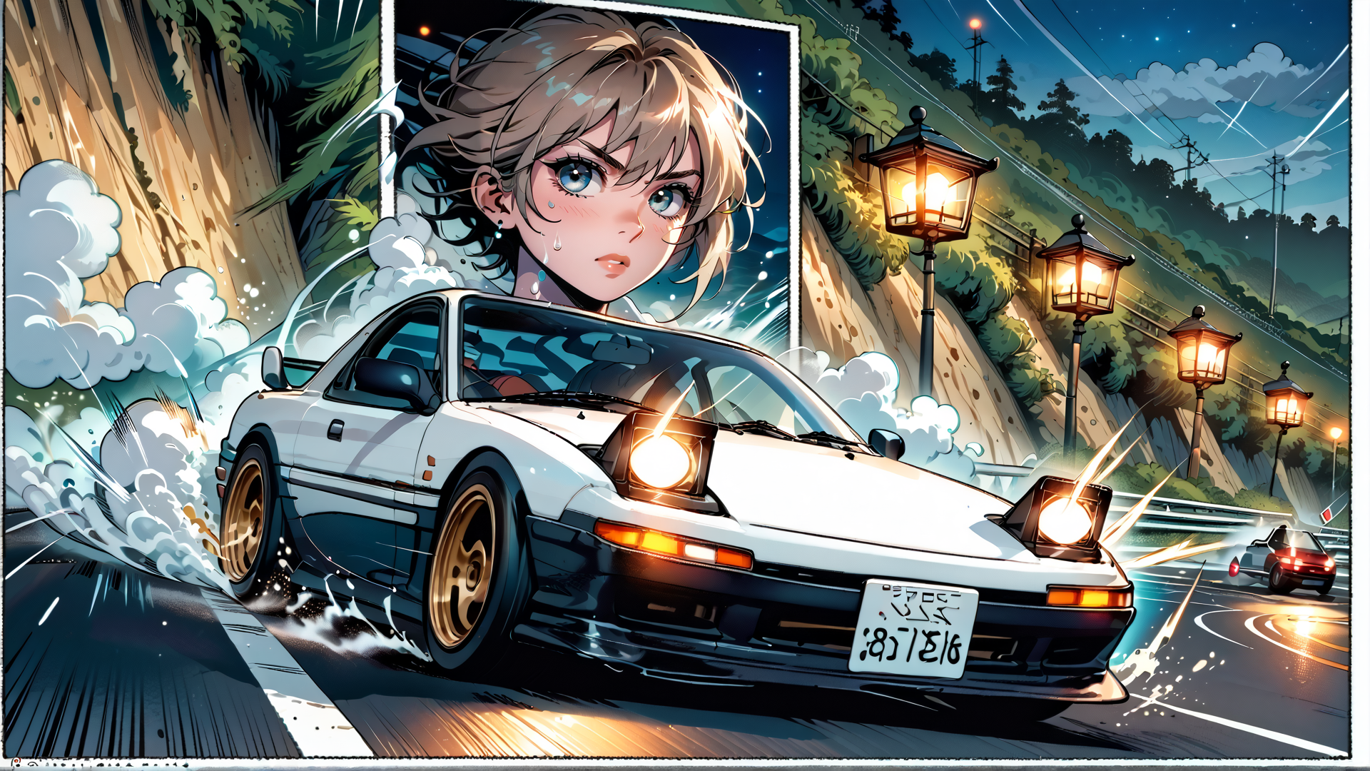 AI generated wallpaper featuring car, girl, road, streetlights, mountain, cloud