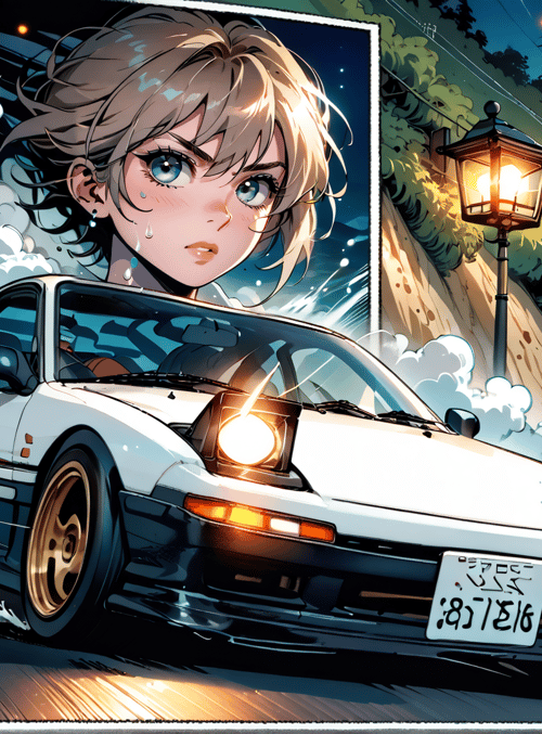 car, girl, road, streetlights, mountain, cloud