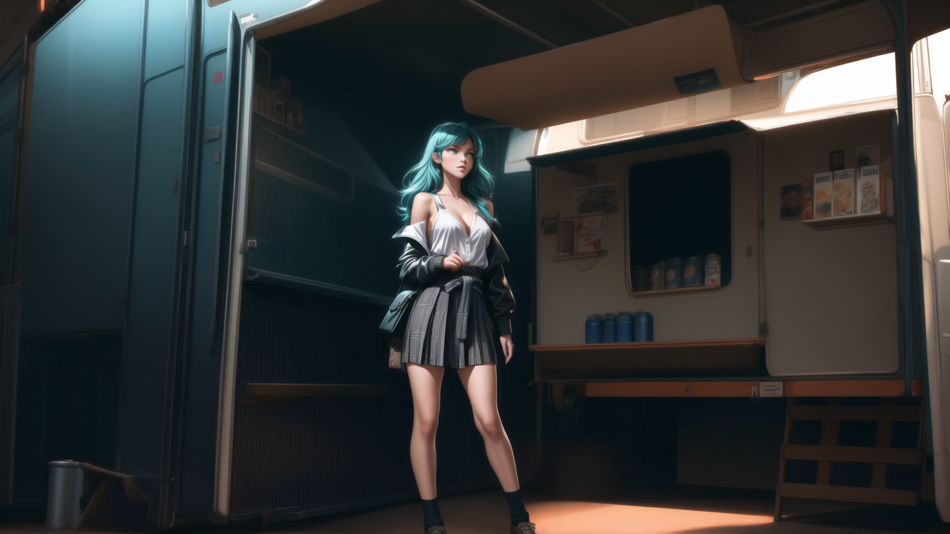AI generated wallpaper featuring woman, train, skirt, jacket, hair